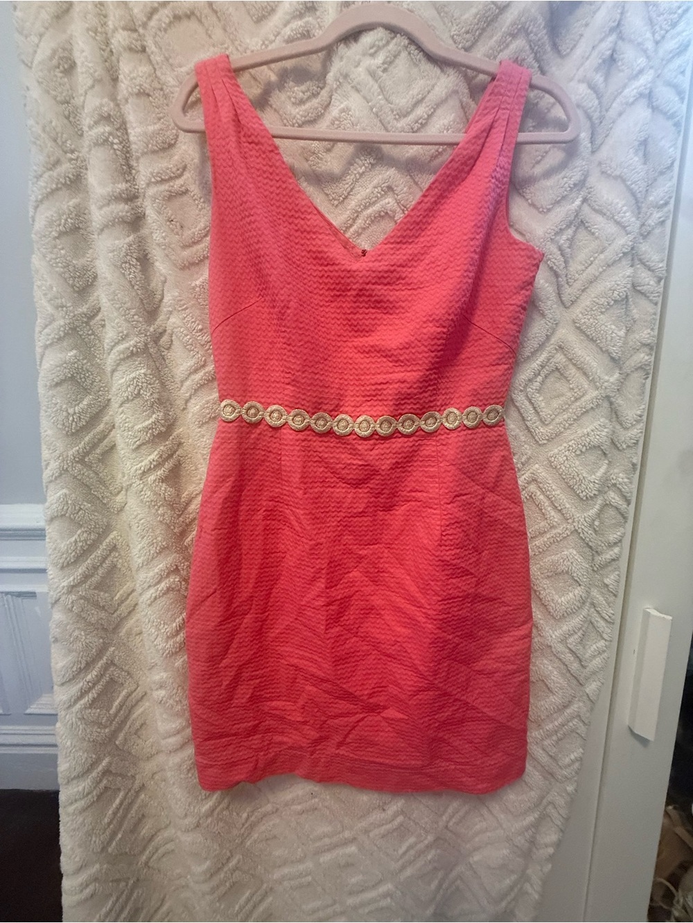 Lilly Pulitzer Coral Pink Textured Mini Dress with Gold Embellished Waist